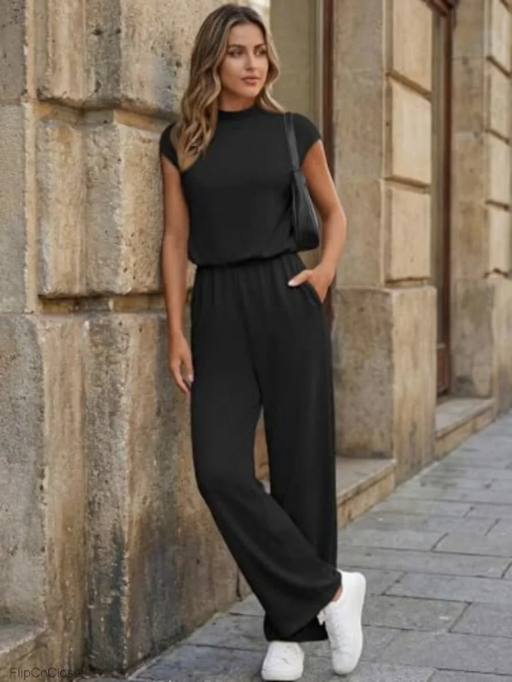 Women's Dressy Wide Leg Jumpsuit with Pockets Mock Neck Cap Sleeve